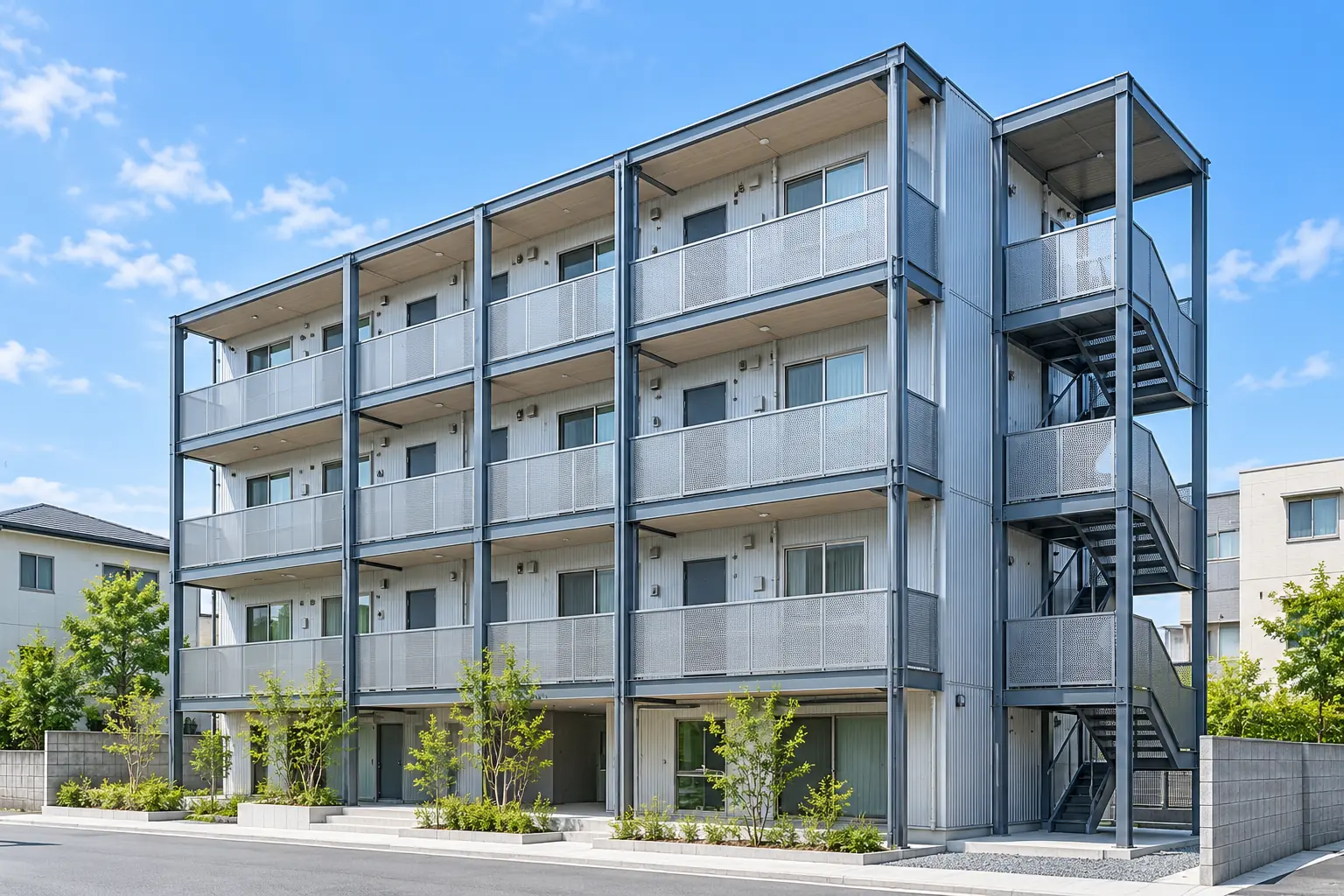 鉄骨の柱梁が見えるS造共同住宅施工イメージ